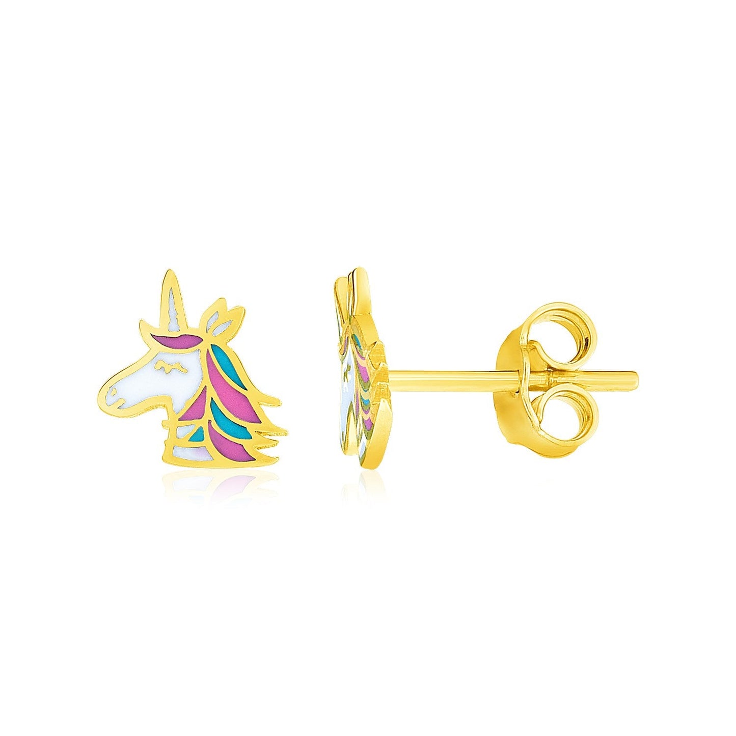 Pendientes infantiles de unicornio esmaltados de oro amarillo de 14k