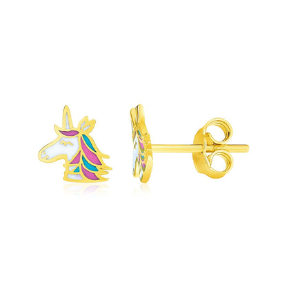 Pendientes infantiles de unicornio esmaltados de oro amarillo de 14k