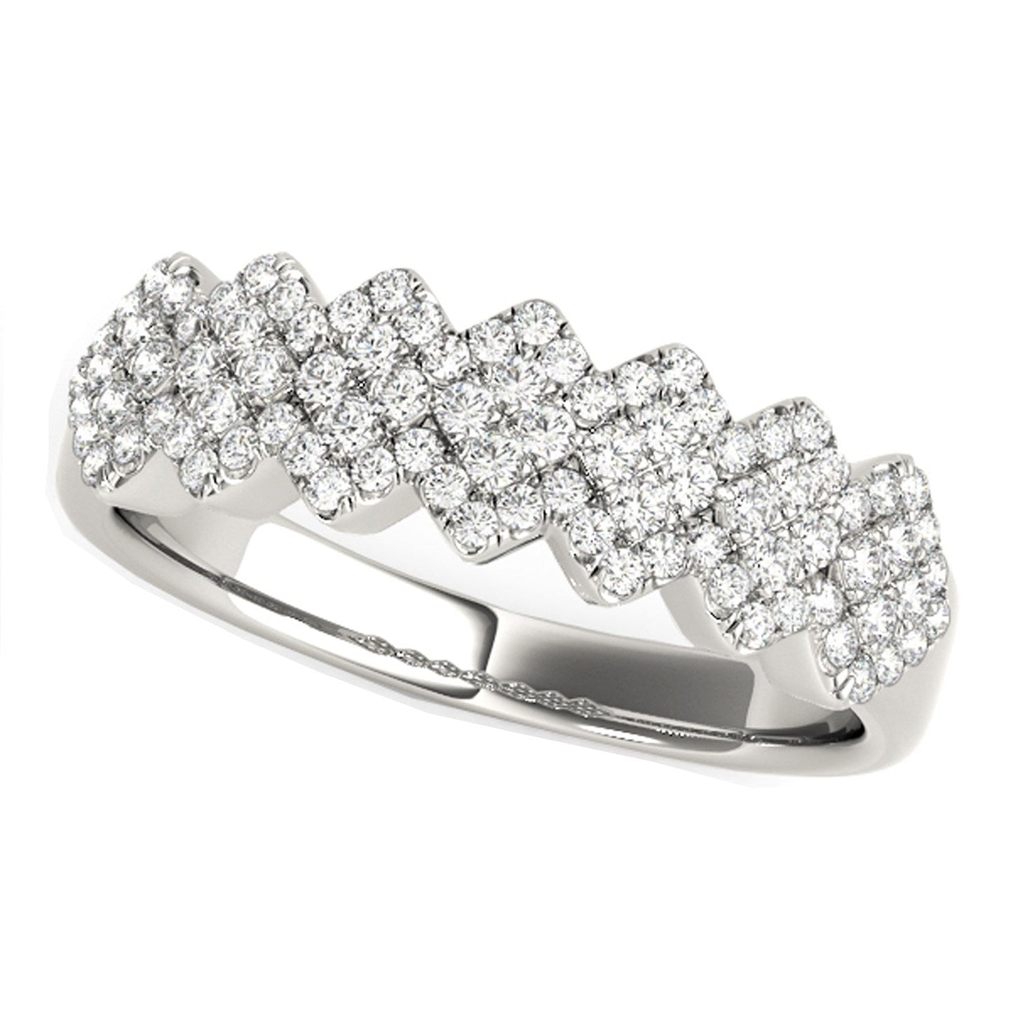 Anillo ancho con patrón multidiaogonal y diamantes en oro blanco de 14k (5/8 qt)