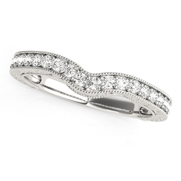 Anillo de boda curvo de oro blanco de 14k con borde de cuentas y diamantes (1/4 cttw)