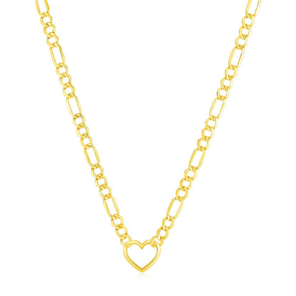 Collar de cadena Figaro de oro amarillo de 14k con corazón