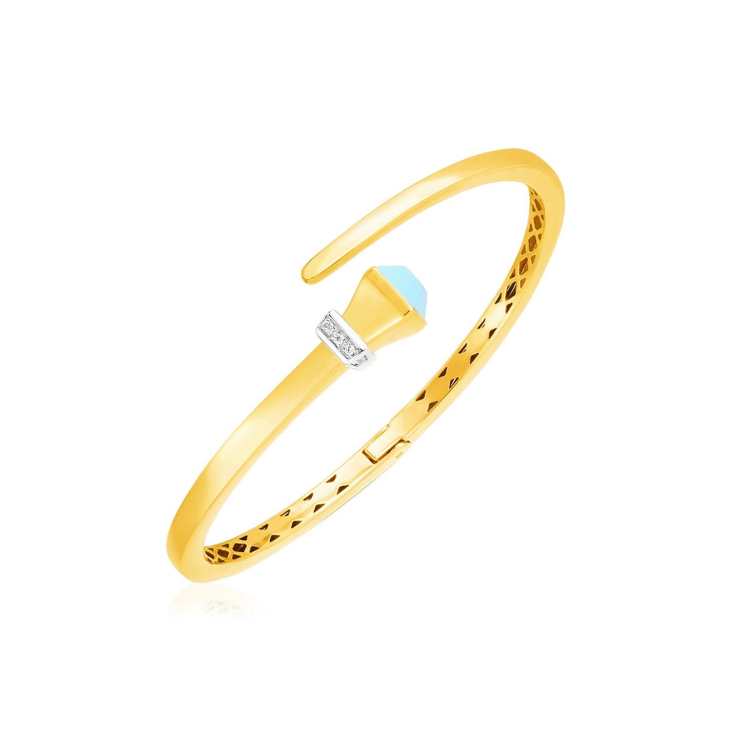 Brazalete rígido articulado de oro amarillo de 14k estilo cruzado con turquesa y diamantes