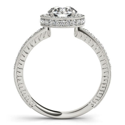 Anillo de compromiso de oro blanco de 14 quilates con borde milgrain y pavé de diamantes (1,5 ct. p.t.)
