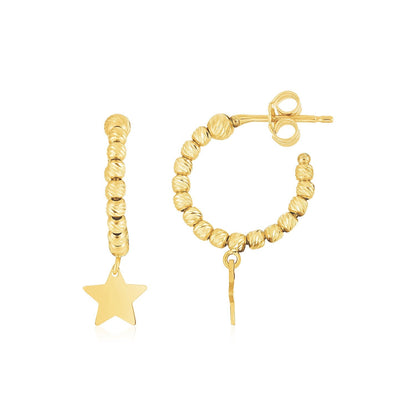 Pendientes de aro con cuentas y dije de estrella colgante de oro amarillo de 14 quilates