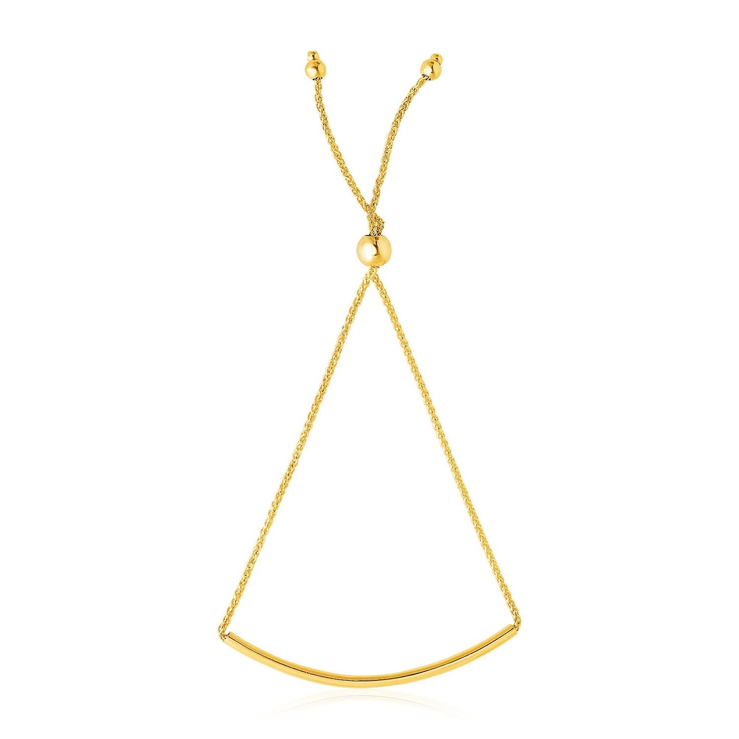 Pulsera de diseño lariat con barra curva lisa de oro amarillo de 14k
