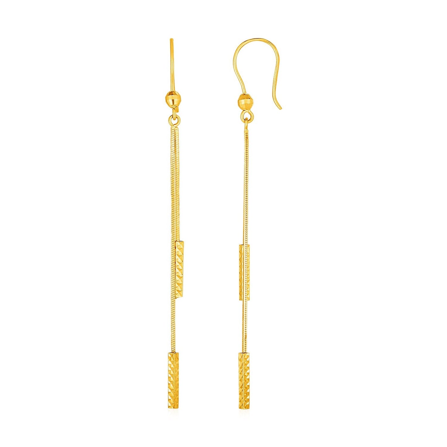 Aretes largos con barra texturizada en oro amarillo de 14k