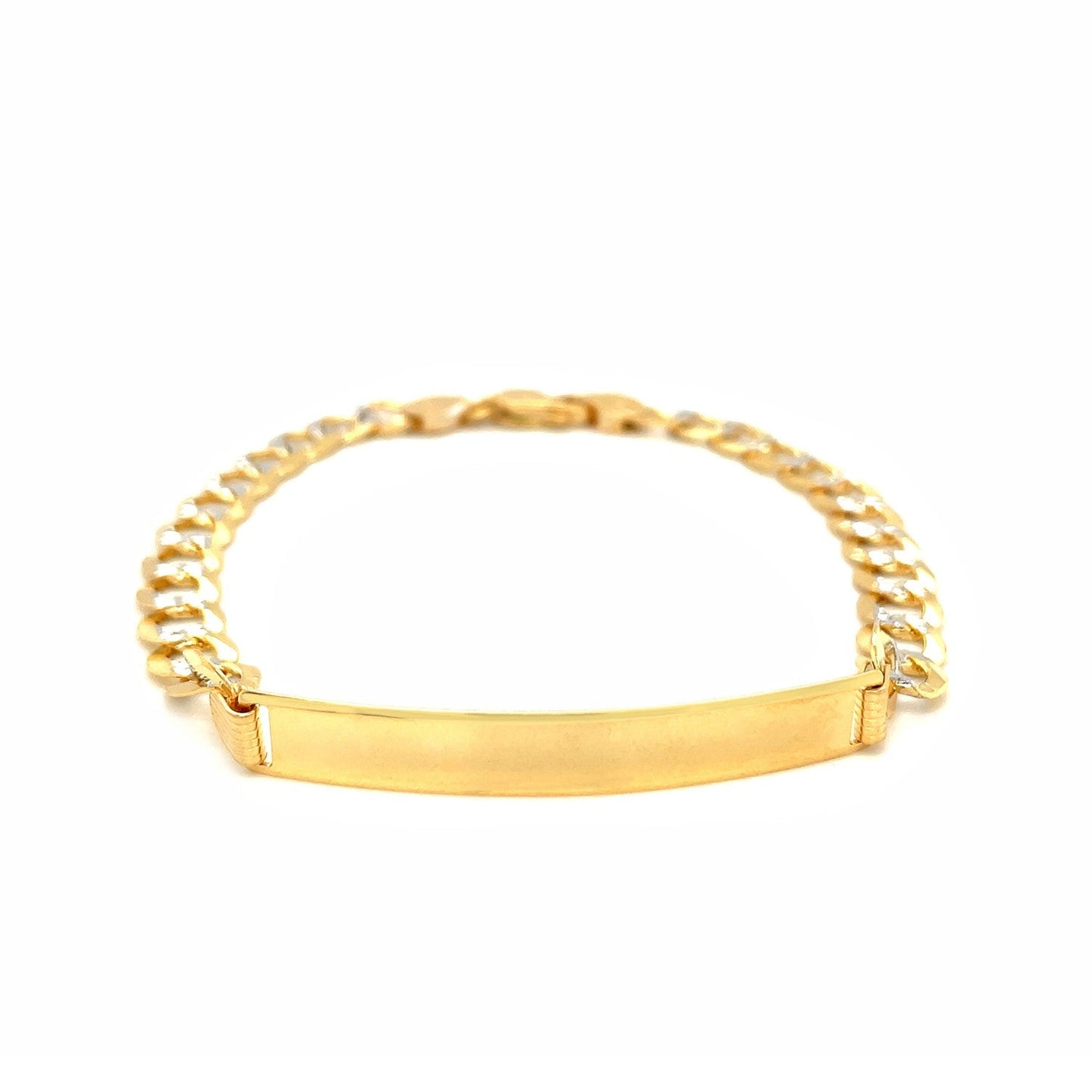 Brazalete de identificación de oro de 14k de dos tonos con cadena de eslabones estrechos de 8 1/2 pulgadas y pavé blanco