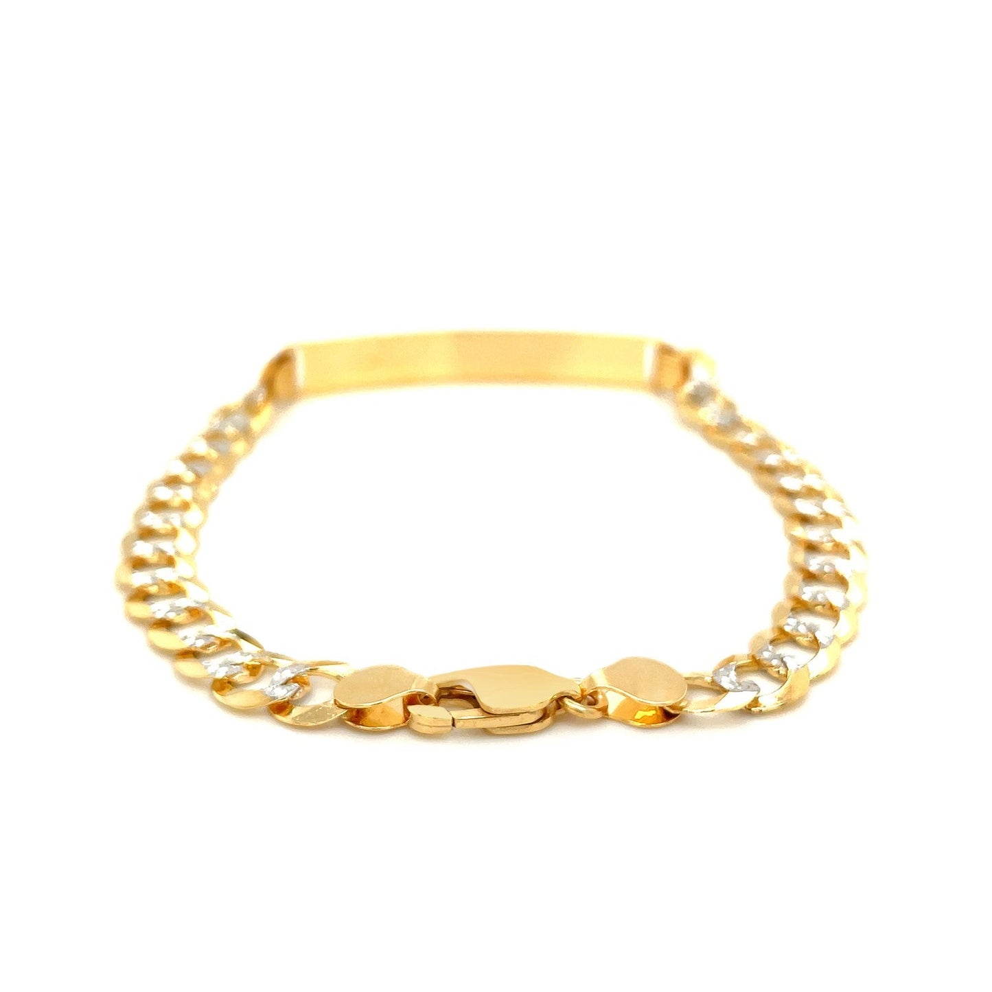 Brazalete de identificación de oro de 14k de dos tonos con cadena de eslabones estrechos de 8 1/2 pulgadas y pavé blanco