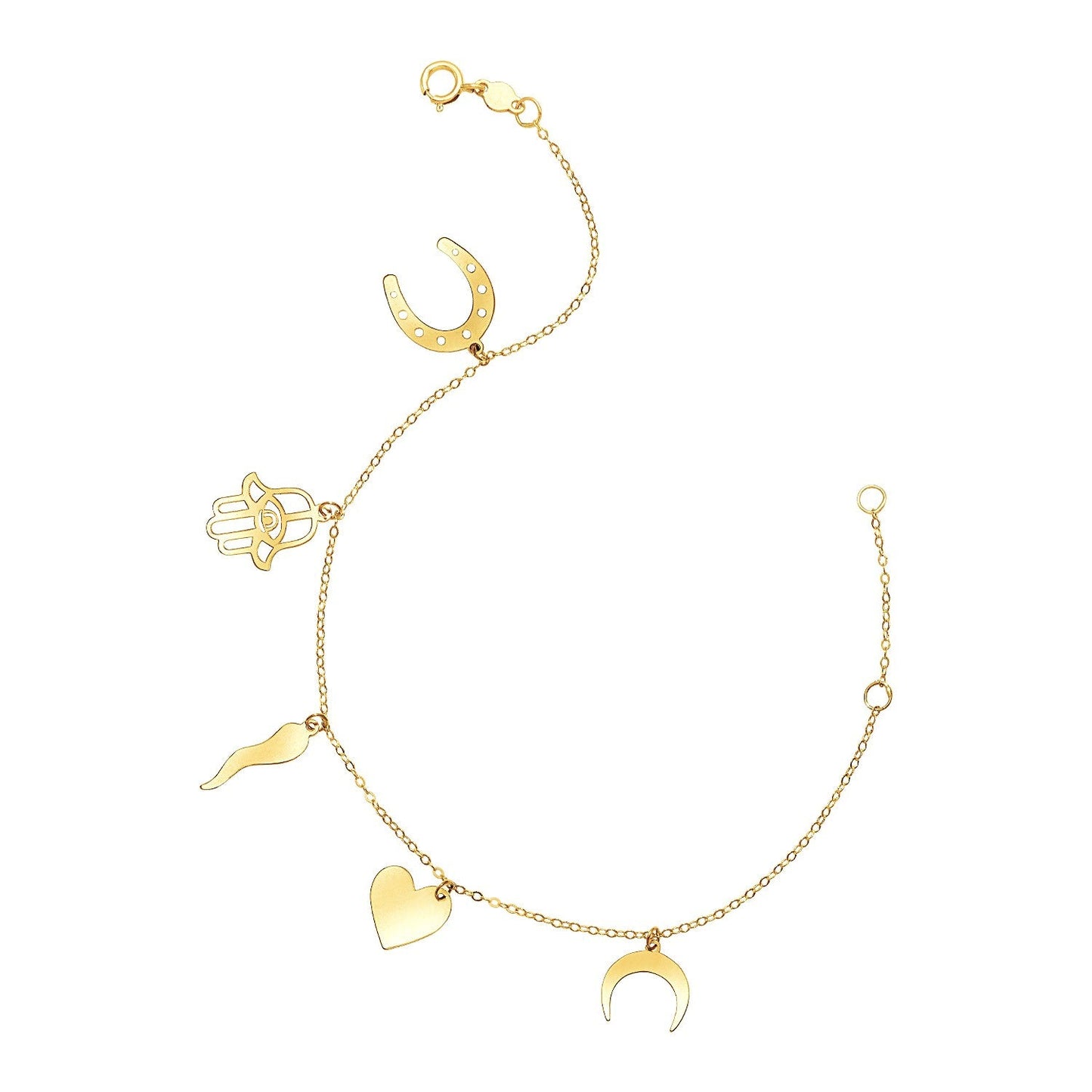 Pulsera de oro amarillo de 14k y 7 pulgadas con dijes pulidos