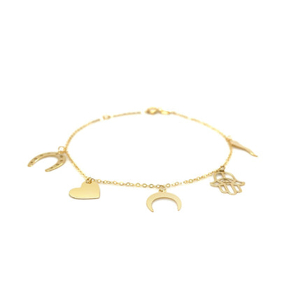 Pulsera de oro amarillo de 14k y 7 pulgadas con dijes pulidos
