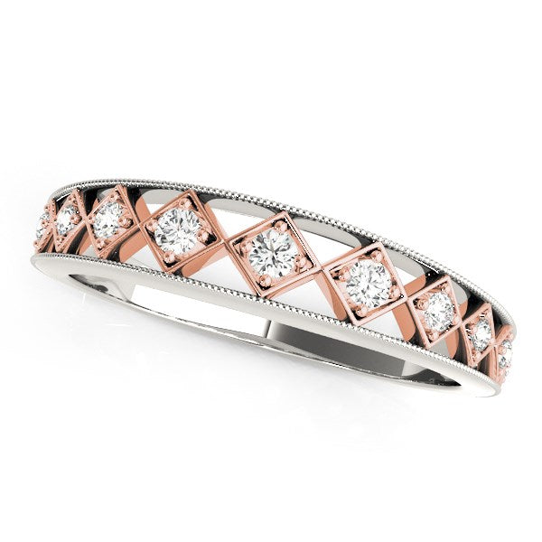 Alianza de boda única de oro blanco y oro rosa de 14k con diamante (1/10 cttw)