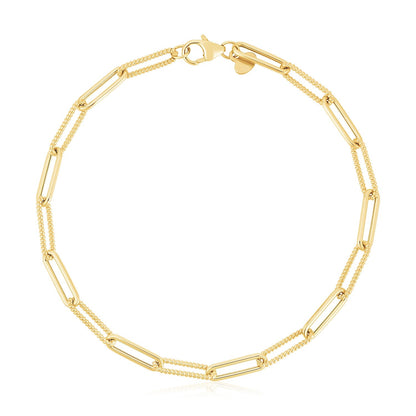 Pulsera de oro amarillo de 14k con cadena alternada de cuentas y eslabones tipo clip, pulido brillante (3.5mm)
