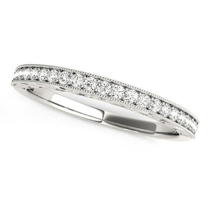 Alianza de boda redonda de oro blanco de 14 quilates con borde milgrain y diamantes (1/6 quilates en total)