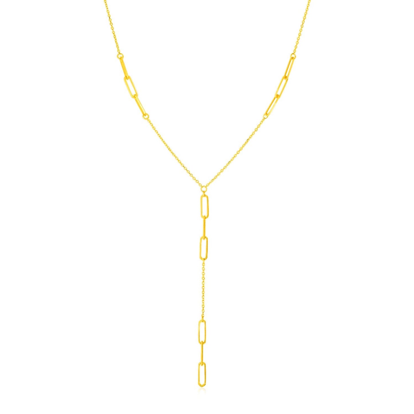 Collar lariat de oro amarillo de 14K con estaciones de cadena estilo "Paperclip"