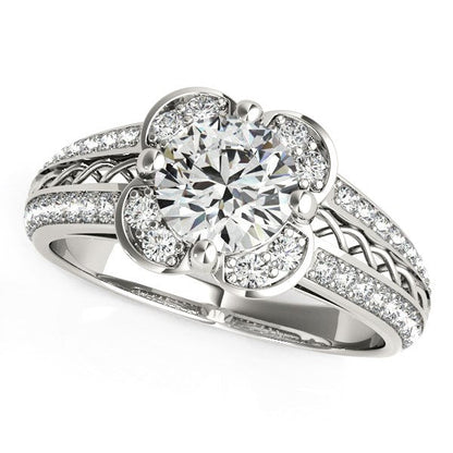 Anillo de compromiso con motivo floral y diamante redondo en oro blanco de 14k (1 3/8 cttw)