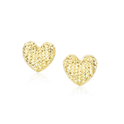 Pendientes de corazón abombados de oro amarillo de 14k con tallas de diamante