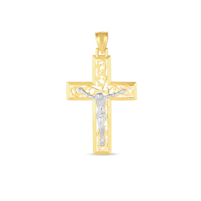Colgante de cruz de oro de dos tonos de 14k con acabado pulido brillante y corte de diamante