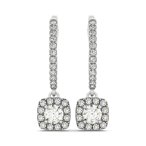 Pendientes colgantes de diamantes de talla cojín con halo en oro blanco de 14k (1/2 cttw)