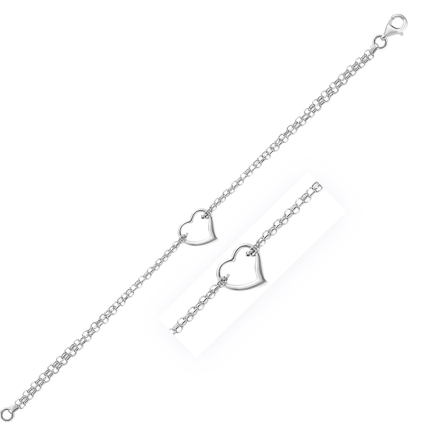 Tobillera de cadena de cable de oro blanco de 14k con estación de corazón abierto