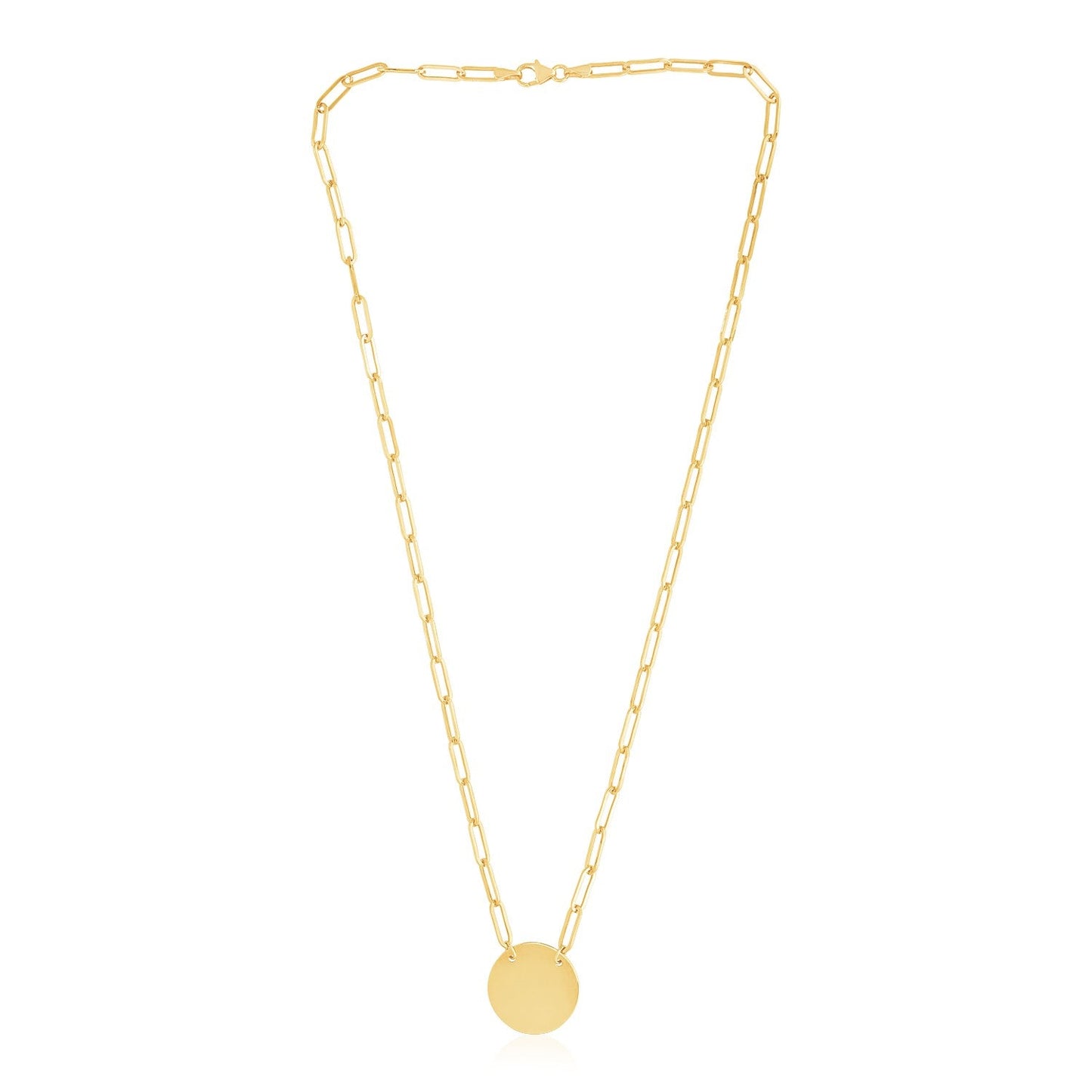 Collar de eslabones de clip de oro amarillo de 14k con disco circular de alto brillo