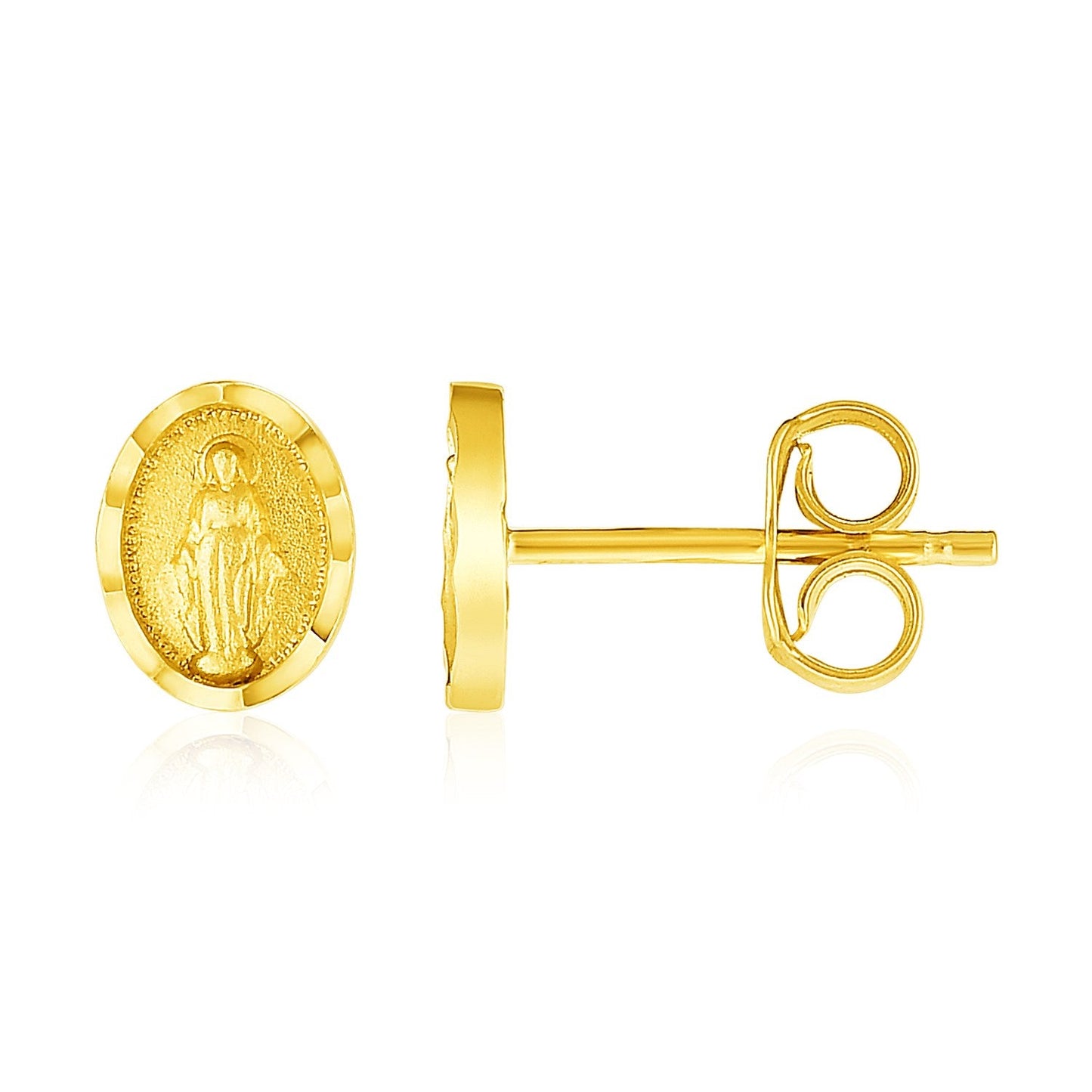 Pendientes de poste de medallón religioso ovalados de oro amarillo de 14k
