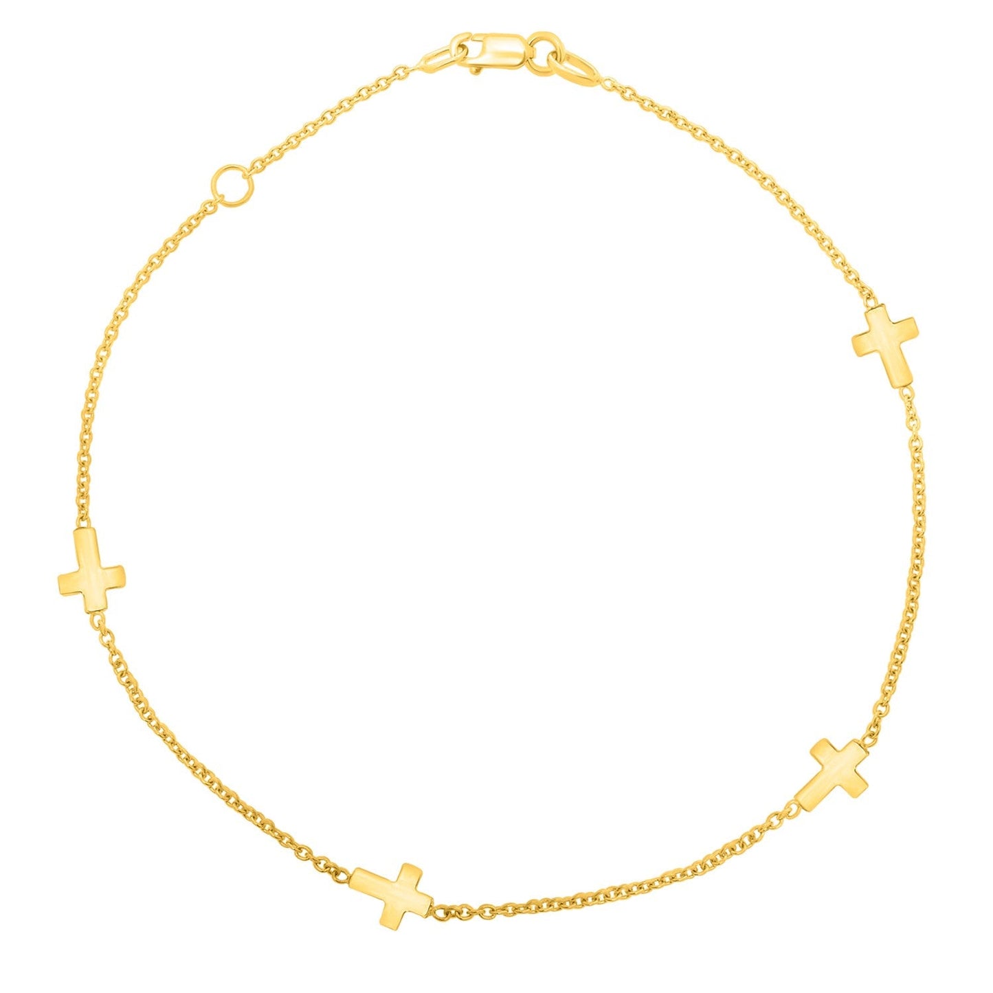 Tobillera de cruz con eslabones pulidos de oro amarillo de 14k (1.00 mm)