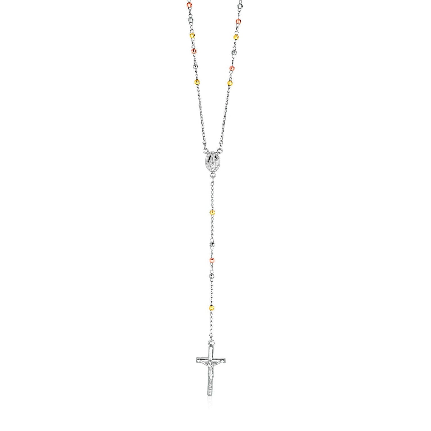Collar de rosario y cadena de cuentas de plata de ley en tres tonos