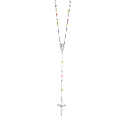 Collar de rosario y cadena de cuentas de plata de ley en tres tonos