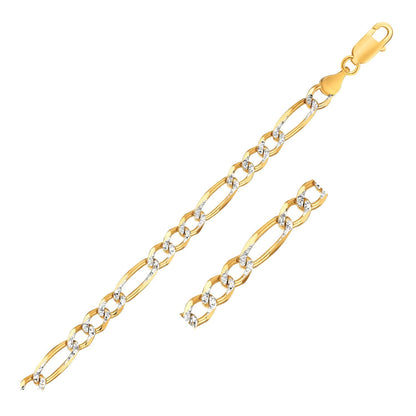 Pulsera Figaro sólida de oro amarillo de 14K, 7.0mm, dos tonos, pavé