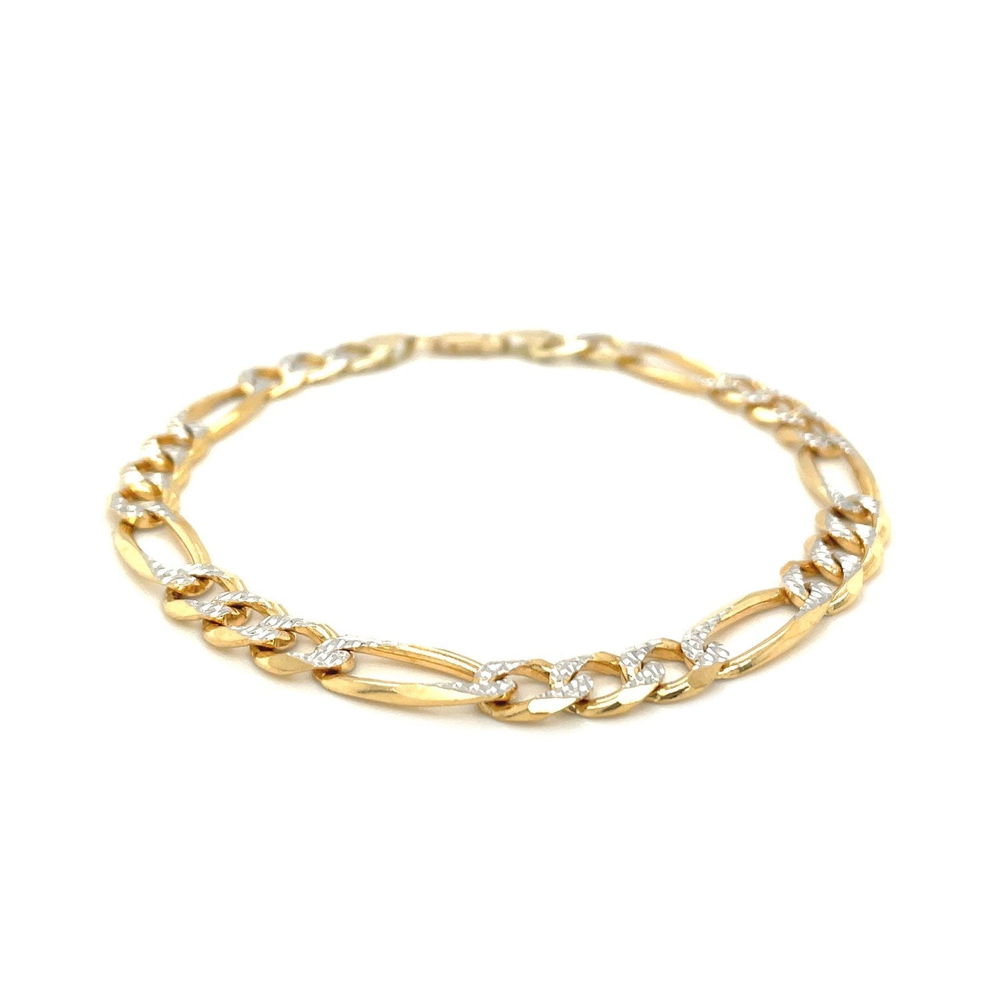 Pulsera Figaro sólida de oro amarillo de 14K, 7.0mm, dos tonos, pavé