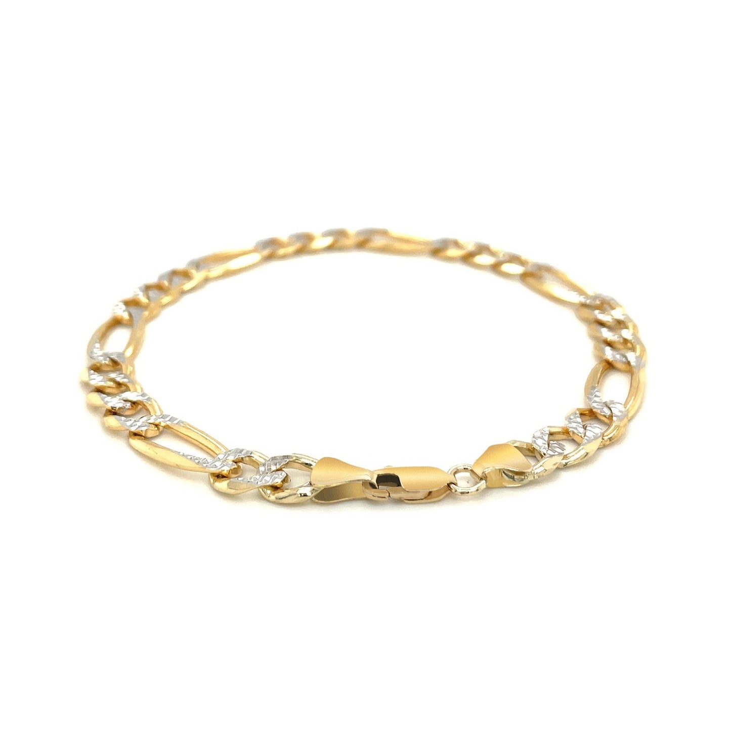 Pulsera Figaro sólida de oro amarillo de 14K, 7.0mm, dos tonos, pavé