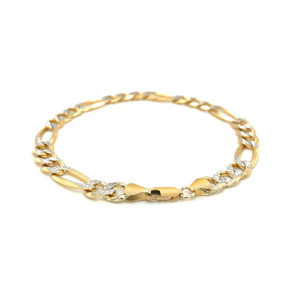 Pulsera Figaro sólida de oro amarillo de 14K, 7.0mm, dos tonos, pavé