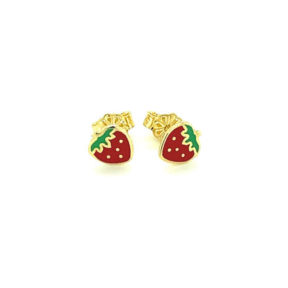 Aretes de fresa esmaltados de oro amarillo de 14k para niños