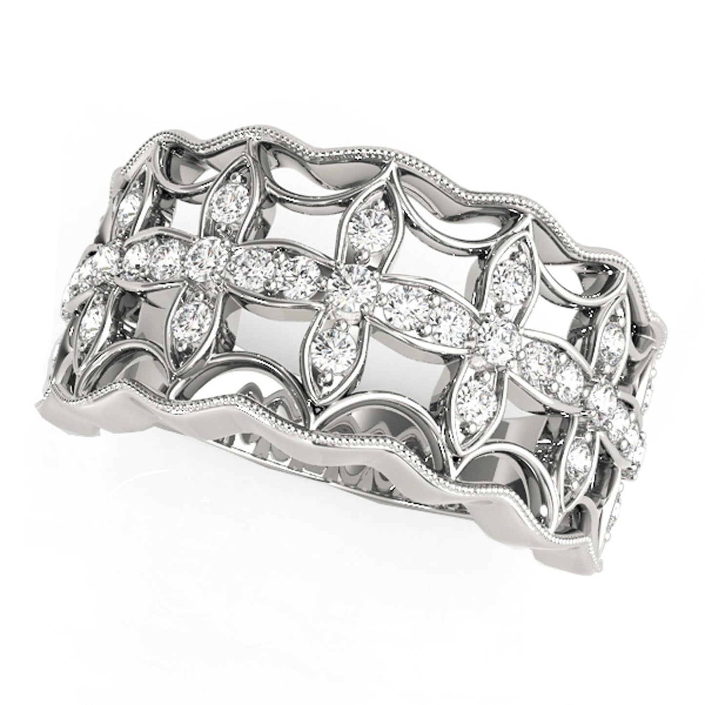 Anillo con motivo de trébol de cuatro hojas con diamantes en oro blanco de 14k (1/4 cttw)