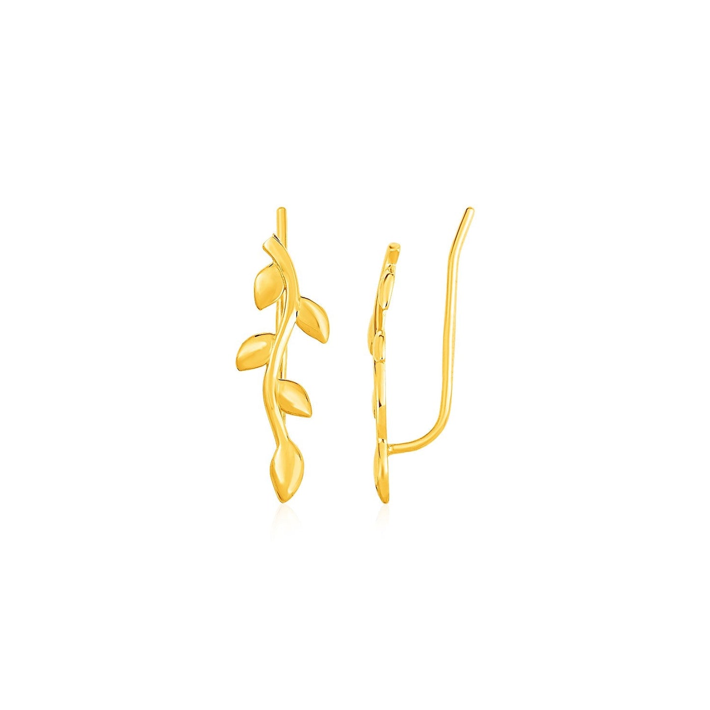 Pendientes trepadores con motivo de rama frondosa en oro amarillo de 14k
