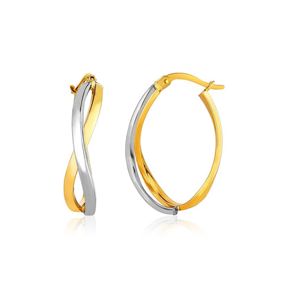 Pendientes de aro pulidos de oro bicolor de 14k con diseño trenzado