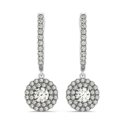 Pendientes colgantes de diamantes redondos de doble halo de oro blanco de 14 quilates (1 quilate total)