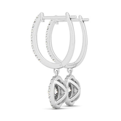 Pendientes colgantes de diamantes redondos de doble halo de oro blanco de 14 quilates (1 quilate total)