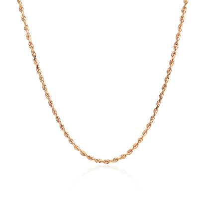 Cadena de cuerda sólida de oro rosa de 14k con corte de diamante de 1.5mm