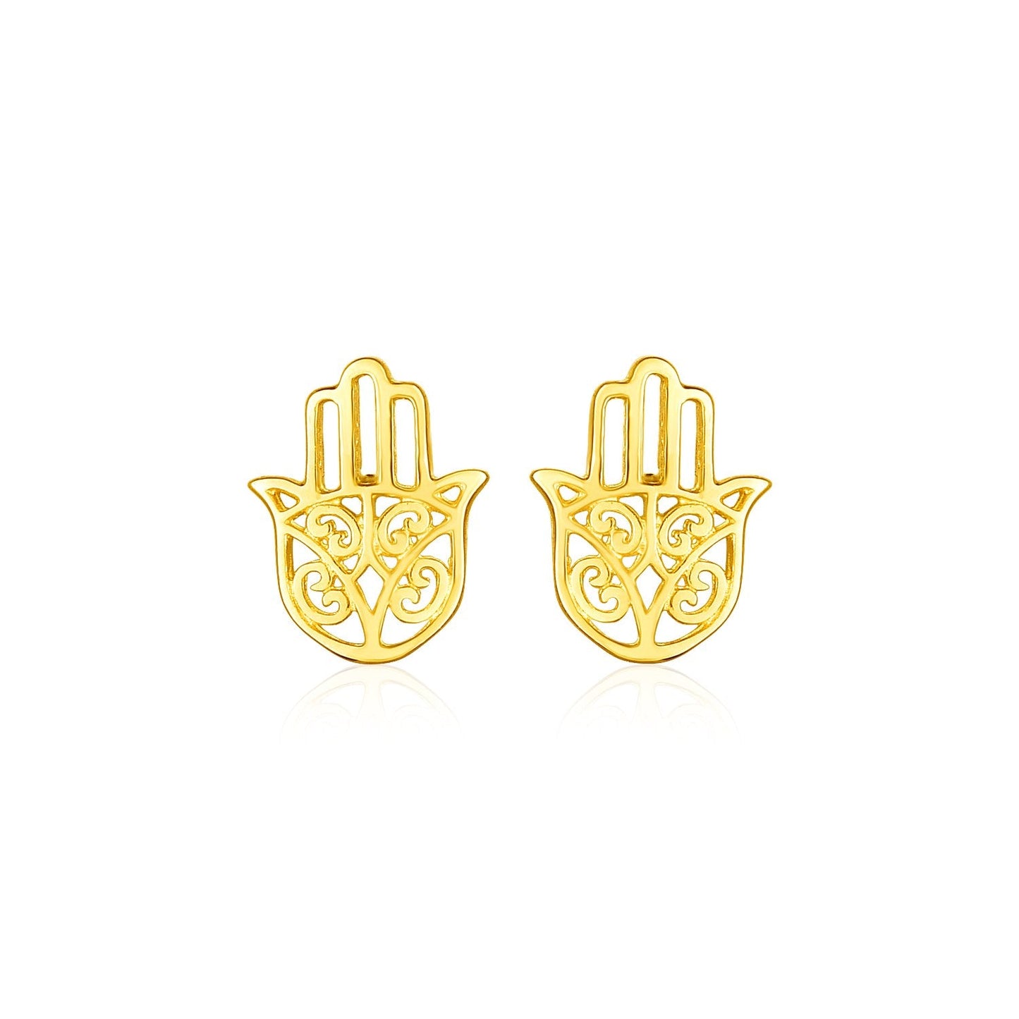 Pendientes de oro amarillo de 14k con poste y mano de Hamsa pulida