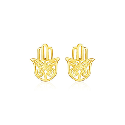 Pendientes de oro amarillo de 14k con poste y mano de Hamsa pulida