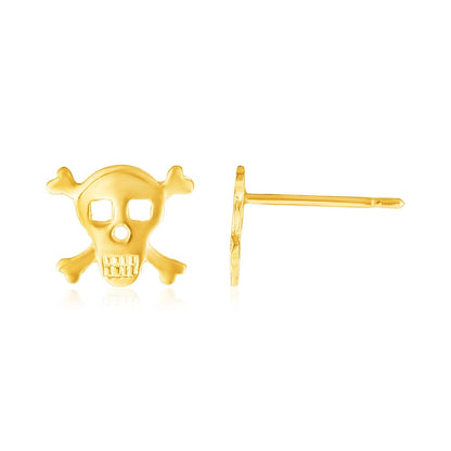Pendientes de poste de oro amarillo de 14 quilates con calavera y tibias cruzadas