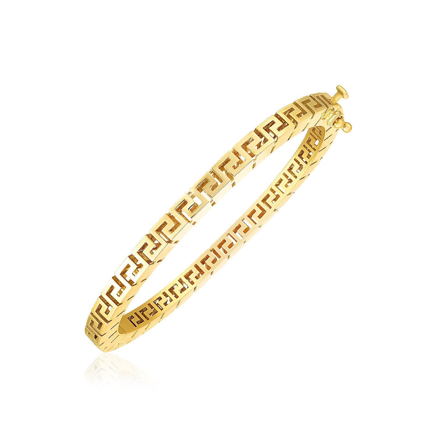 Brazalete esclava de oro amarillo de 14k con diseño de greca, alto brillo
