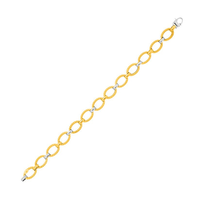 Pulsera de cadena de oro bicolor de 14k con eslabones ovalados texturizados