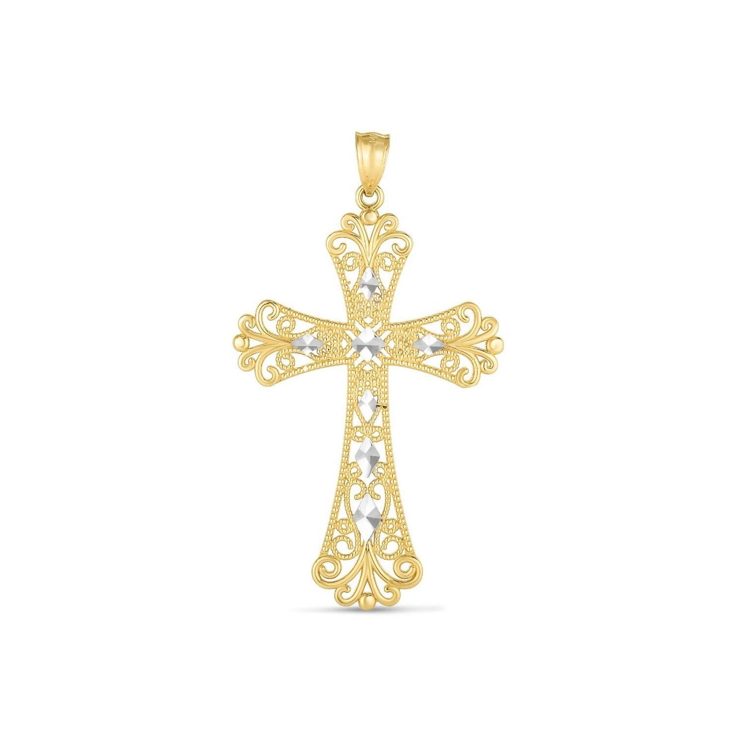 Colgante de cruz de oro de dos tonos de 14k con acabado pulido brillante y corte de diamante