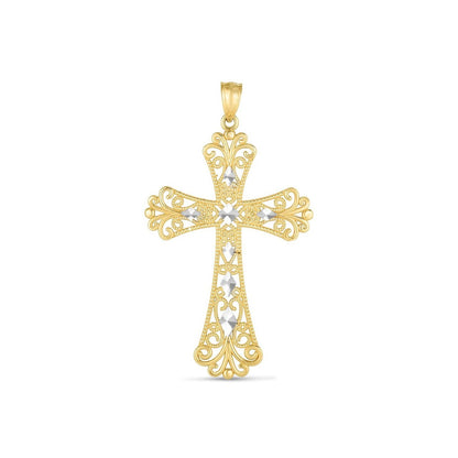 Colgante de cruz de oro de dos tonos de 14k con acabado pulido brillante y corte de diamante