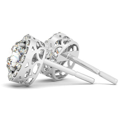 Pendientes de halo redondo de diamantes de cuatro puntas de oro blanco de 14k (1 1/6 cttw)