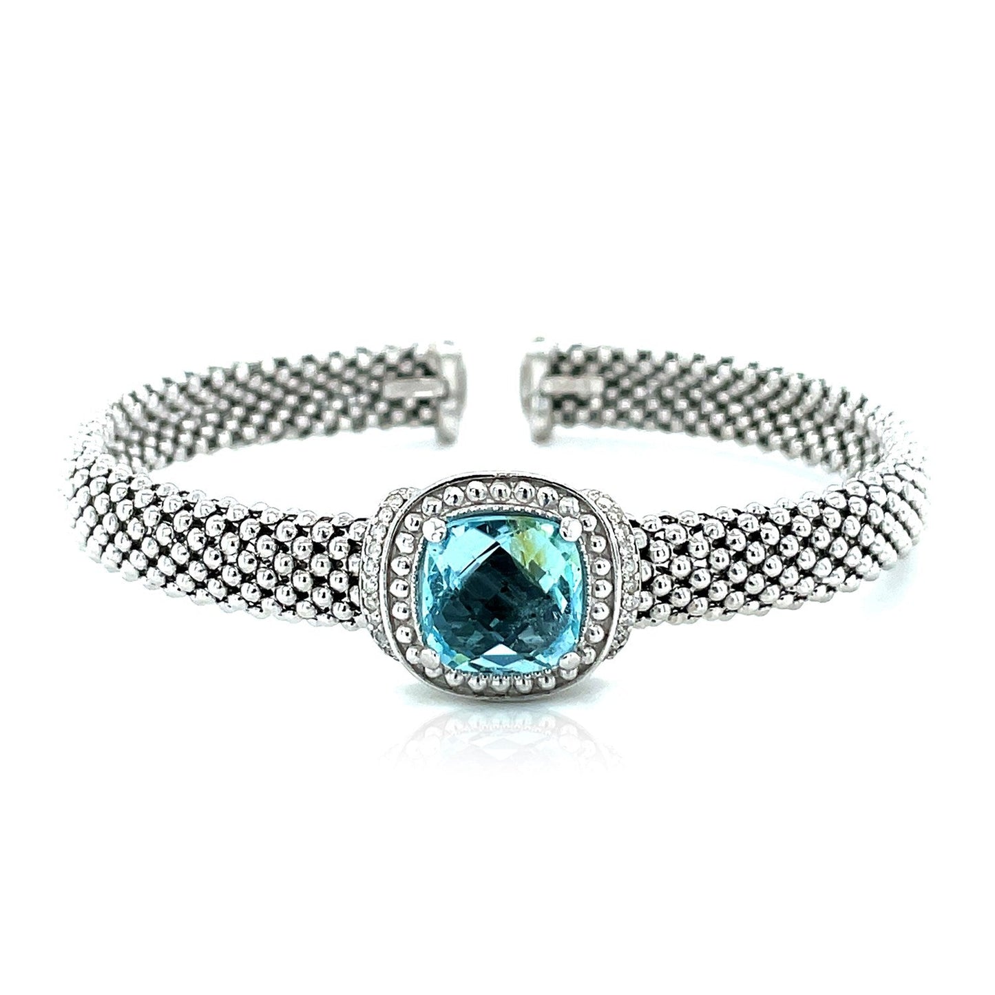 Pulsera Brazalete con Textura de Palomitas de Maíz con Topacio Azul y Diamantes en Plata de Ley