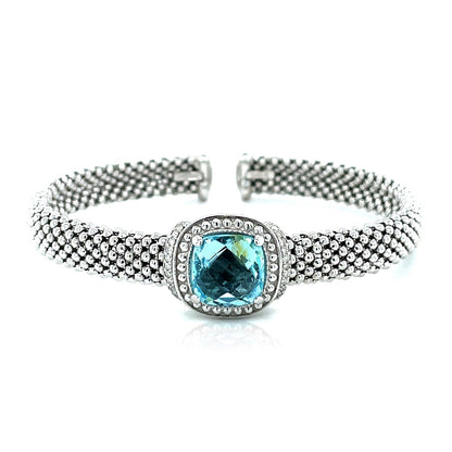 Pulsera Brazalete con Textura de Palomitas de Maíz con Topacio Azul y Diamantes en Plata de Ley