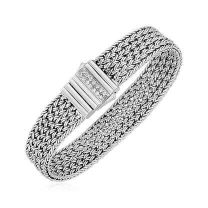 Pulsera de cuerda trenzada con cierre acentuado con zafiros blancos en plata de ley